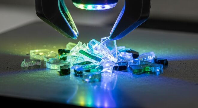 Intricate collection of clear glass fragments illuminated by vibrant, colorful LED lights, showcasing beautiful refraction and abstract patterns