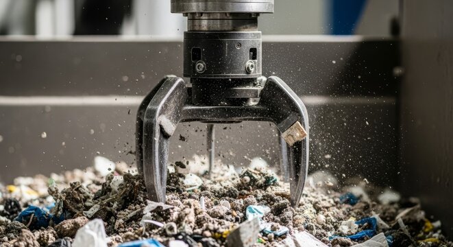 Heavy duty industrial claw machine grasping waste materials in an automated processing facility