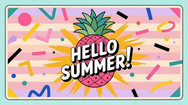 Hello summer greeting with pink pineapple and retro memphis style background pop art pineapple tropical