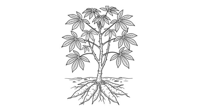 Cassava Plant Illustration with Edible Roots and Leaves