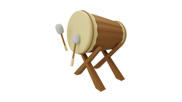 3D Traditional Islamic Bedug Drum with Beaters Isolated