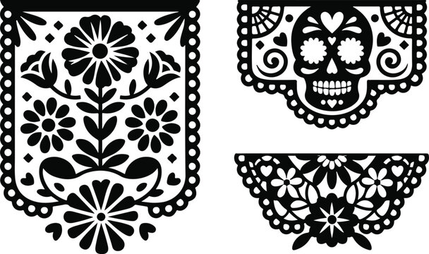 Mexican paper cutouts dia de los muertos sugar skull festive symbols.