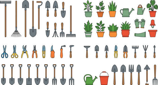 Set of Gardening Tools and Plant Accessories Vector Illustrations Featuring Rakes, Shovels, Trowels, Pruning Shears, Watering Cans, Plant Pots, and Gloves for Home and Garden Designs