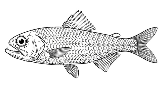 Detailed black and white illustration of a herring fish, isolated on white background