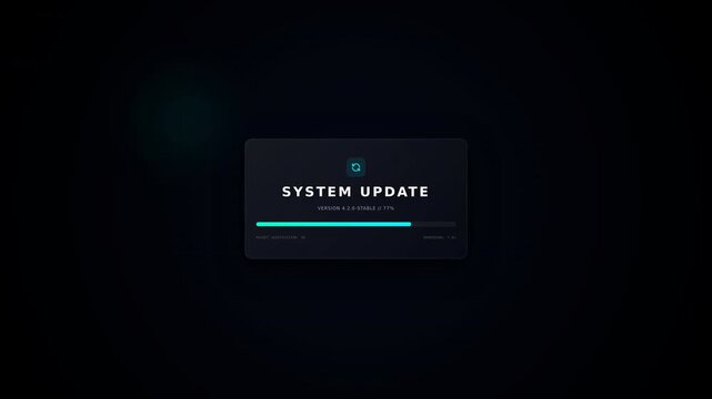 A digital screen displays a system update progress bar on a dark background, indicating software installation in progress