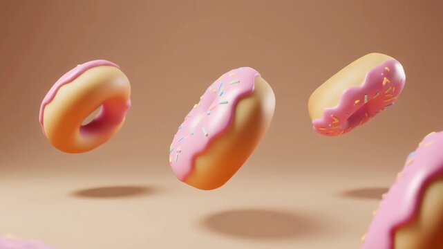 Delicious pink frosted donuts floating in air.