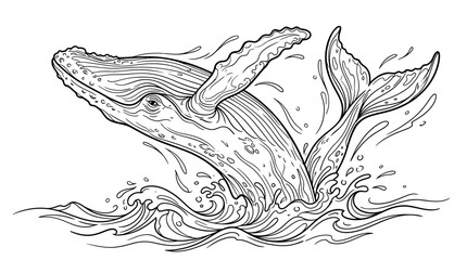 Whale Breaching Out of Water - Hand Drawn Line Art Illustration © Ucul