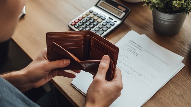 . Person checking empty wallet with calculator and bills representing financial stress concept