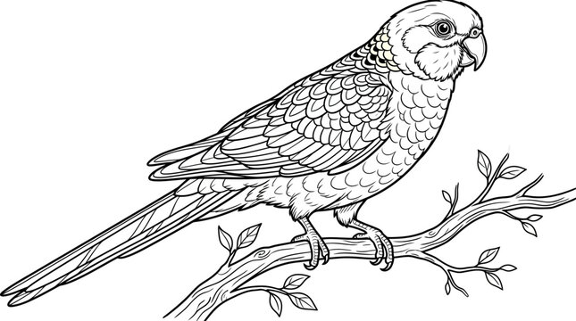 Line art illustration of a parrot perched on a tree branch, black and white drawing.