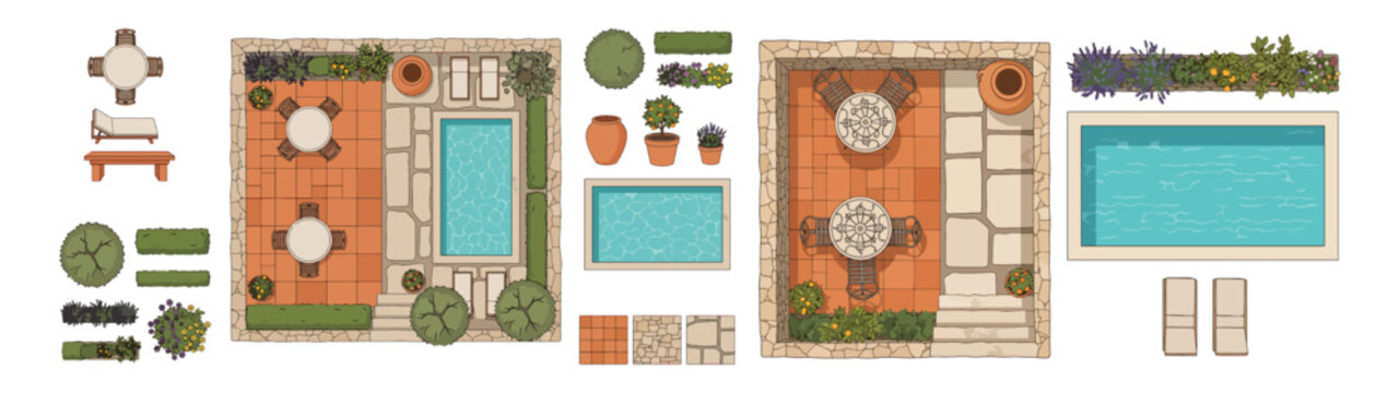 Top-Down Mediterranean Garden Elements With Swimming Pool, Patio Tiles, Trees, Pots and Outdoor Furniture