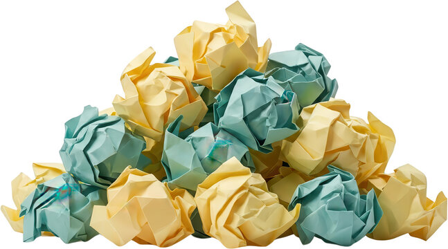 A pile of crumpled paper balls in pastel yellow and teal colors forming a textured mound against a pure white backdrop waste paper trash recycling ideas creativity failure
