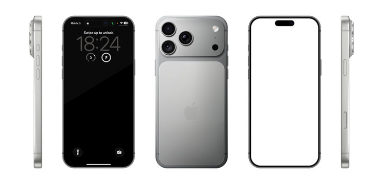Photorealistic detailed Apple Iphone 17 Pro Max Silver mockup. Front, rear and side views isolated on transparent background. Real dimentions. Vector editorial illustration
