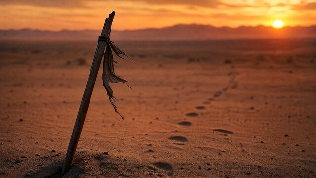 sedition. Broken flagpole in sandy ground with retreating footprints, sunset symbolic of surrender. inspiring travel planning.