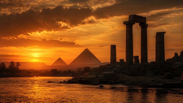 columnar. Nile riverbank at sunset with ancient stone columns and distant pyramids in warm light. inspiring travel planning, travel magazines, designed for travel destination branding.