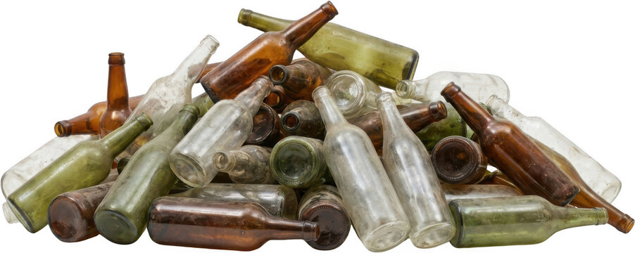 A large pile of assorted vintage glass bottles some clear some amber and some green are stacked together suggesting reuse or recycling vintage bottles waste collection old