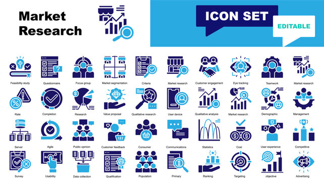Market Research icon set. Vector icons for Market Research, Market segmentation, Market, Customer engagement, Eye tracking, Teamwork, Rate, Completion, Research, Value proposal, Qualitative research, 