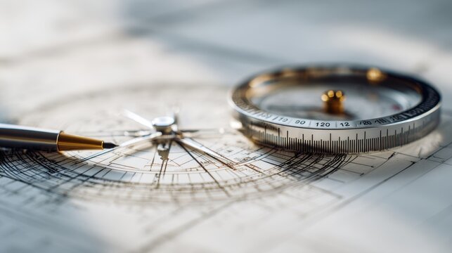 Precision drawing tools including a metallic compass with a measuring ring and a pen placed on an architectural blueprint for detailed design work and planning