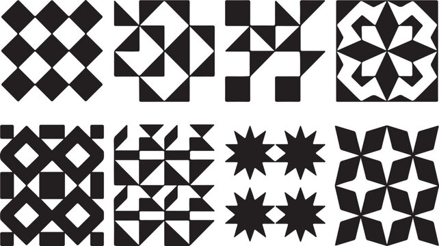 Seamless geometric pattern set: squares, triangles, stars, abstract shapes.