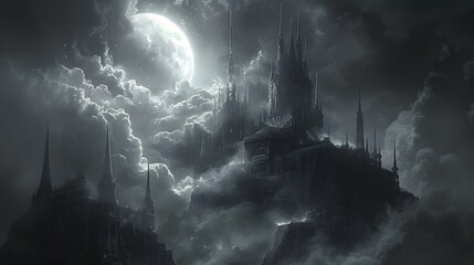 Fototapeta premium Gothic Mount Fuji with Dark Cathedral Architecture in Fantasy Mist Landscape
