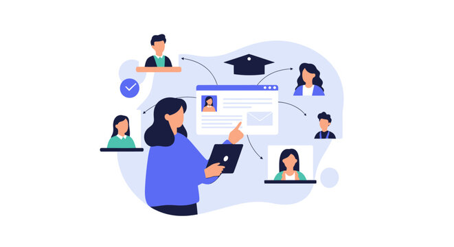 Woman connecting with diverse students in a digital remote classroom environment. EPS Editable. Vector Illustrations.