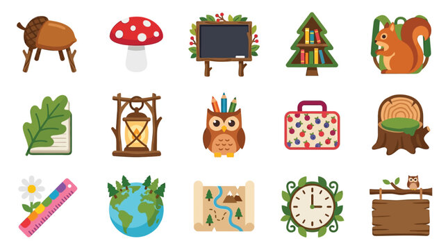 Collection of whimsical forest-themed school and nature icons for educational purposes.