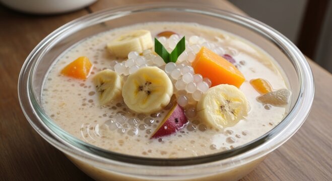 Kolak Pisang Traditional Indonesian Dessert with Banana and Sweet Potato.
