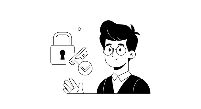 Young man with a lock and key symbol illustrating cybersecurity concept. EPS Editable. Vector Illustrations.