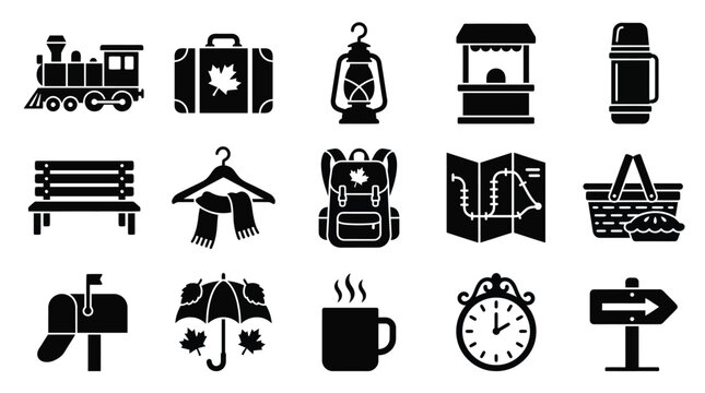 Collection of black and white icons representing travel, autumn, and outdoor activities.