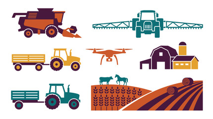 Naklejka premium Flat vector agricultural icons featuring tractors, combine harvesters, farm drones, barns and rural landscapes, representing modern farming technology, illustrating sustainable practices