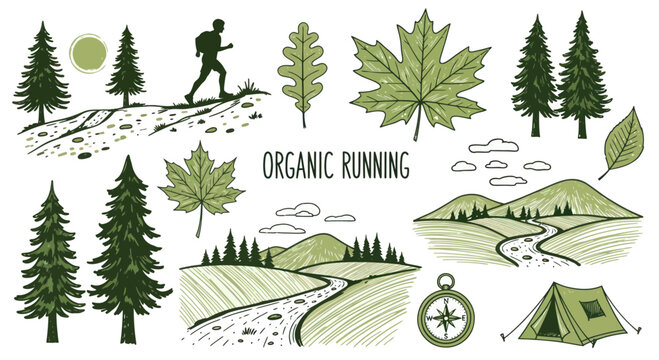 Organic Running Set: Runner, Nature, Camping, Compass, Maple Leaves