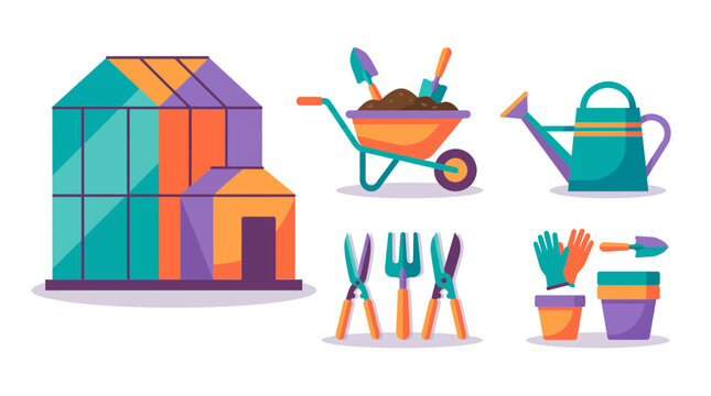 Colorful gardening tools icon set featuring greenhouse wheelbarrow watering can and pruning shears on white, representing organic farming hobby and provides professional landscape service