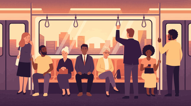 Diverse multiracial people sitting and standing inside a subway train car with a city skyline at sunset, Represents daily urban commuting and illustrating sustainable public transportation