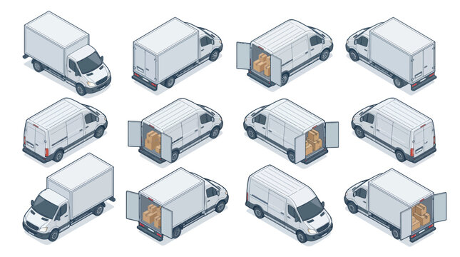 Isometric white delivery vans and cargo trucks set from various angles with open back doors and cardboard boxes, illustrating logistics solutions, provides shipping services visualization