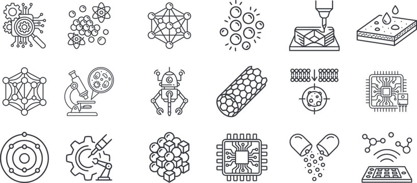 Nanotechnology, science research and molecular engineering line icons set. Vector illustration includes outline symbols of nanorobot, carbon nanotube, molecule structure, and microchip.