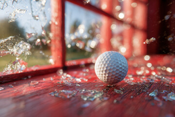 Obraz premium White golf ball resting on a red wooden surface surrounded by shattered glass with sunlight reflecting through the broken window panes on a bright day