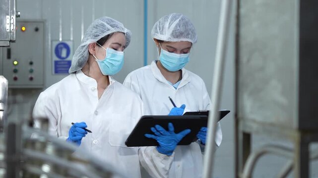 Quality control team using digital tablet for production line audit in modern plant, Female scientists wearing face masks and safety goggles with tablet working in high-standard processing facility
