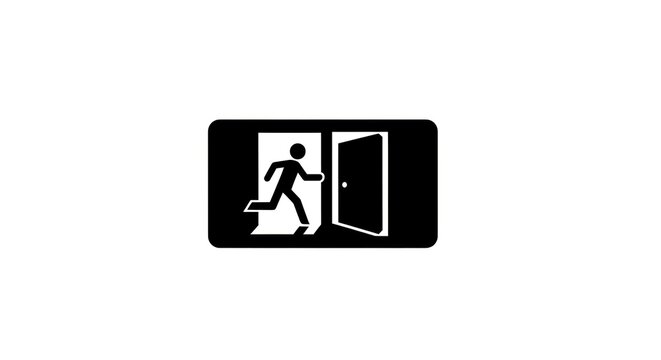 Black and white silhouette of a person running through an open door representing an exit sign.
