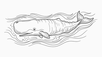 Sperm whale illustration, hand-drawn style, swimming in wavy ocean water © Ucul