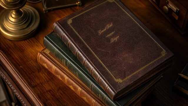 ledgers. A stack of leather-bound ledgers with gold detailing rests on a wooden desk under warm light. pitch deck slides, case study pages, designed for brand storytelling and e-commerce strategy.