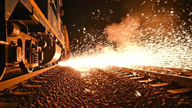 Close-up of train wheels generating bright flying sparks on railway tracks at night due to heavy friction and metal grinding
