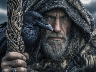 Fototapeta premium Mysterious elder man in fur cloak with carved staff and intelligent raven perched on shoulder under stormy sky in striking fantasy portrait