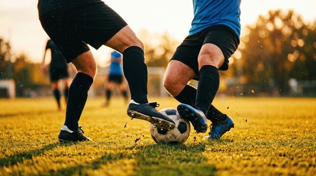 Dynamic close-up of soccer players' legs battling for control of the ball on a sunlit grassy field during an intense outdoor match with blurred background