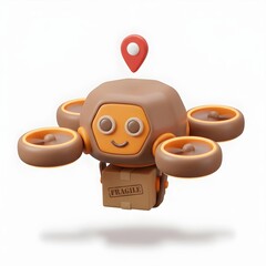 Fototapeta premium Adorable animated drone efficiently transports a fragile parcel, symbolizing futuristic, fast, and reliable delivery services for global e-commerce and innovative logistics solutions