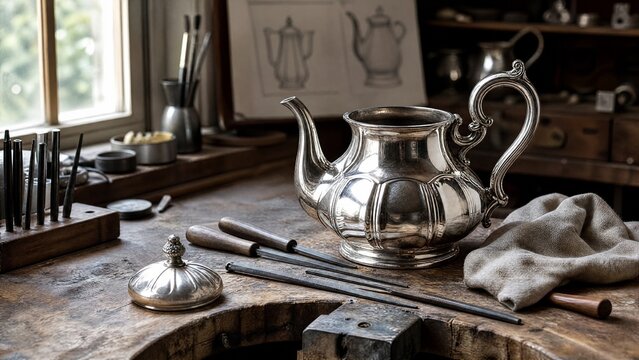 silversmith. Silversmith's wooden workbench with tools and a gleaming silver teapot in progress, soft window light. safety posters.