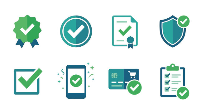 Collection of green checkmark icons for verification and approval, vector isolated white