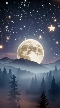 magical night sky filled with glowing stars and snowflakes over a dark evergreen forest silhouette