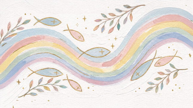 Pastel rainbow river with christian fish symbols watercolor illustration
