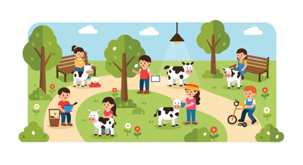 Fototapeta premium This vector illustration shows children playing with small cows in a sunny park with trees, benches, and paths under a clear blue sky.