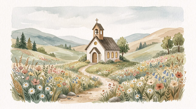 Watercolor countryside church landscape with wildflowers christian illustration
