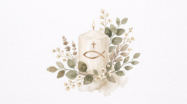 Decorative baptism candle with greenery watercolor illustration
